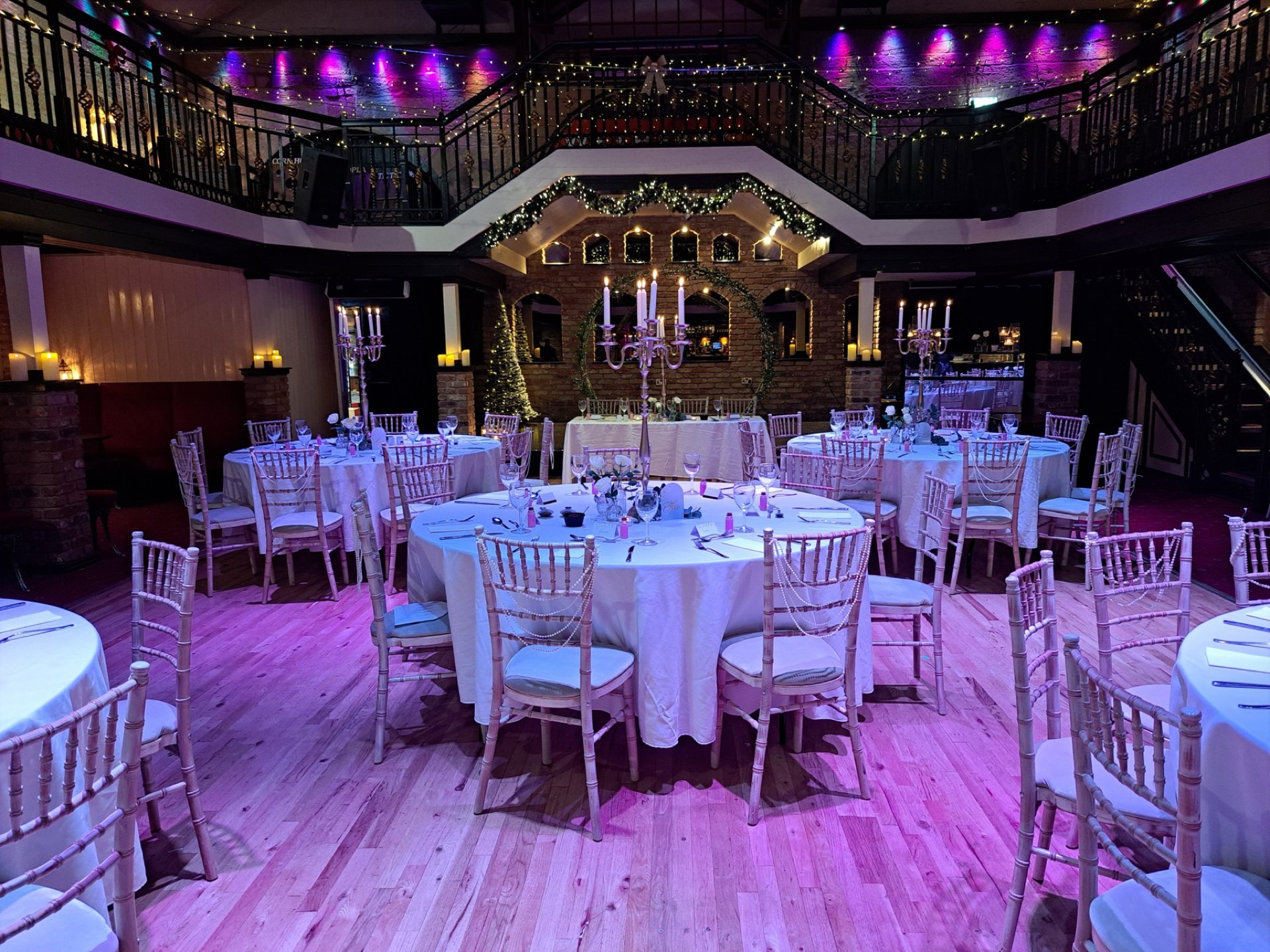 The venue dressed for a Christmas celebration