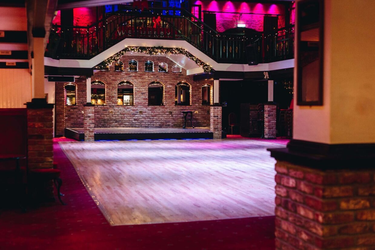 The empty main room and dance floor, lit and ready for an event