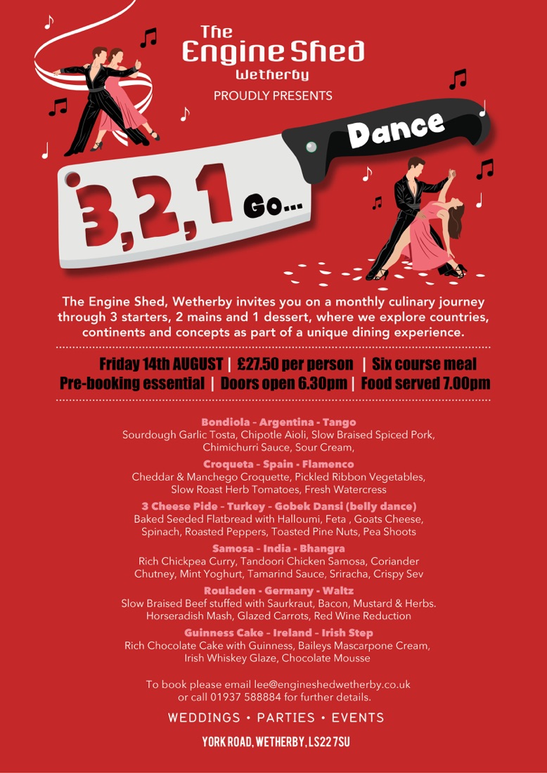 Poster for the 3, 2, 1 Go Dance dining event on Friday 14 August