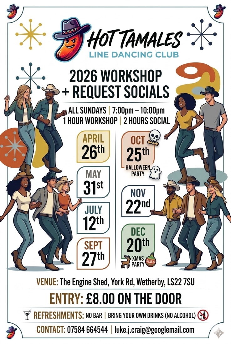 Hot Tamales Line Dancing Club poster with 2026 Sunday social dates