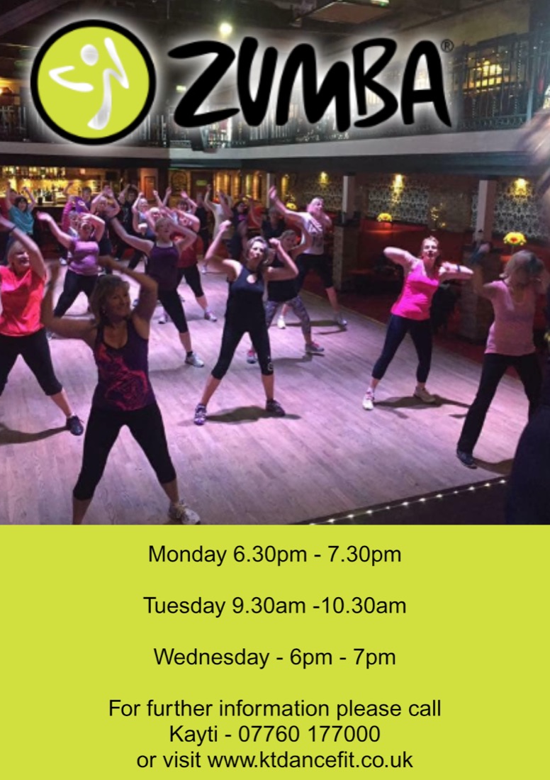 Zumba class poster listing Monday, Tuesday and Wednesday sessions